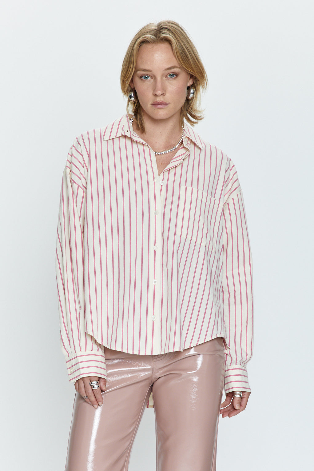Sloane Oversized Button Down Shirt - Rose Multi Stripe
            
              Sale